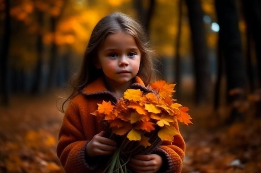 Девочка держит в руках букет осенних листьев