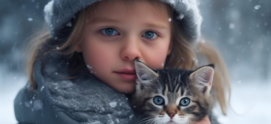 девочка и котенок зимой